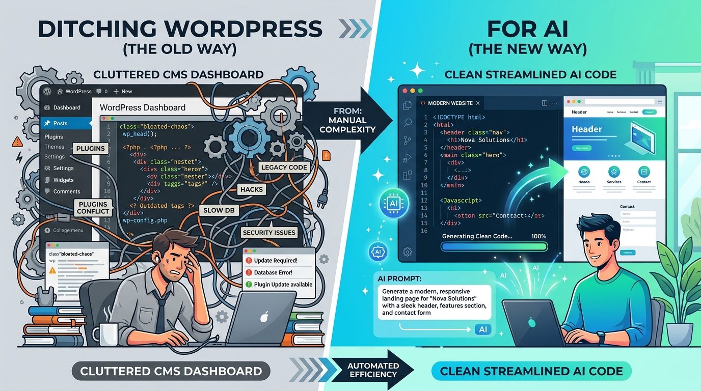 左はプラグインと複雑な管理画面に手を取られるWordPressでの運用、右はAIがHTMLを書いてページを組み上げる様子を対比したイラスト